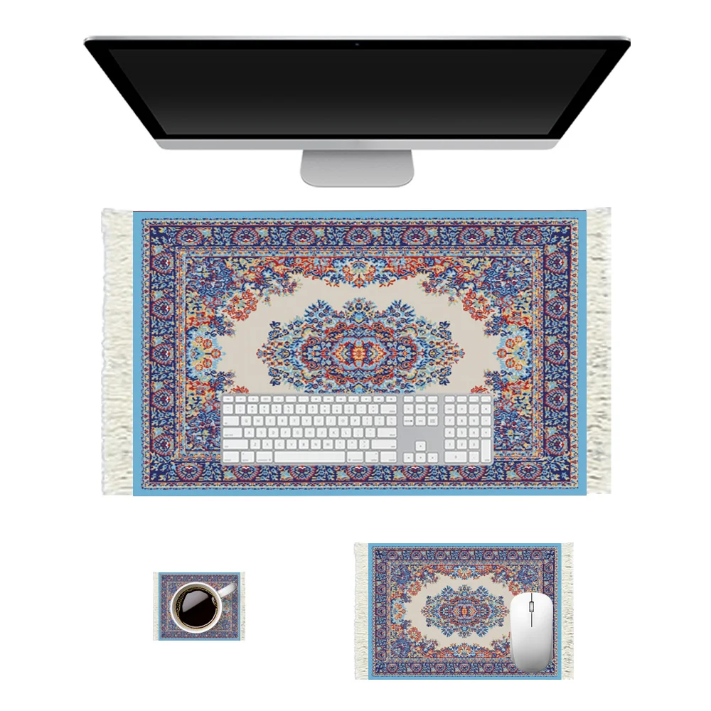 

Large Three-in-One Persian Carpet Set with Computer Monitor Mat Mouse Pad And Cup Mat - Rubber Base for Home Office And Gaming E