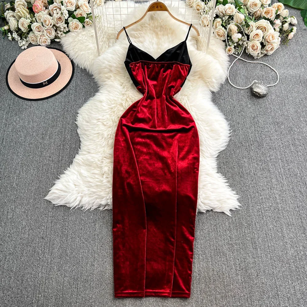 Sexy Elegant V-neck Sleeveless Hotsweet Split Velvet Slim Straps Pencil Long Dress Streetwear High Street Autumn Winter Clothing