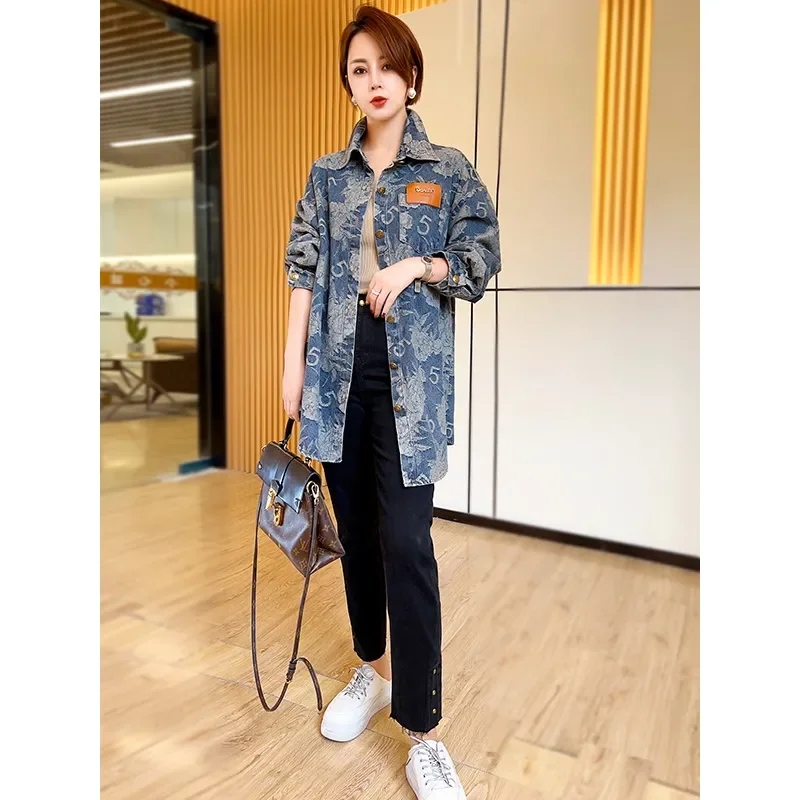 Spring Summer Denim Jackets For Women 2024 New Fashion Loose Coat Pure Colour Tops Leisure Printing Vintage Outerwear Female