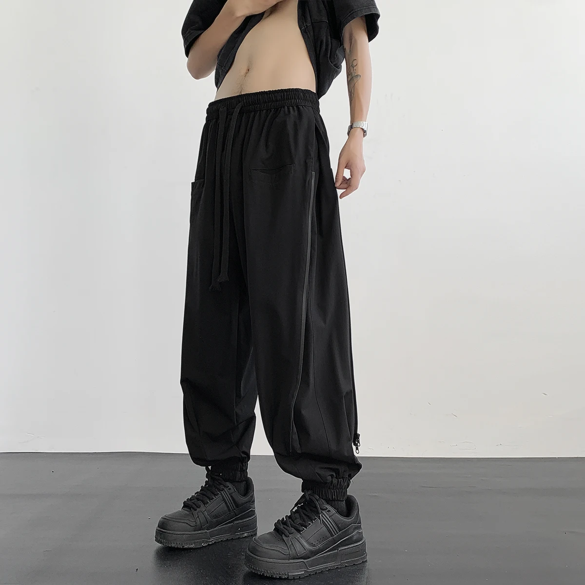 New Men's Fashion Harem Pants Reverse Design Baggy Tapered Trousers Black Side Zipper Stretch Oversized Hip Hop Clothing Man