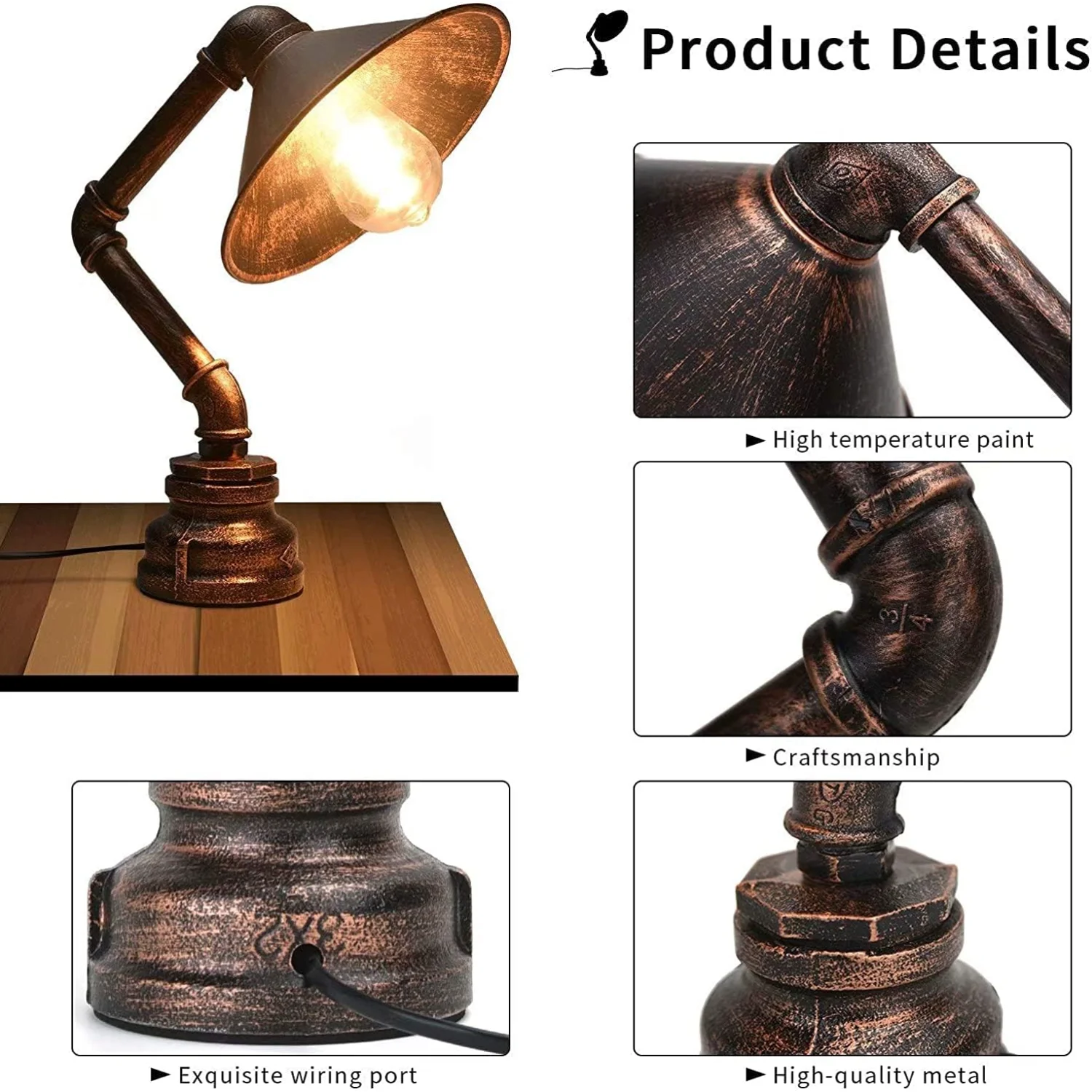 

Vintage Industrial Water Pipe Copper Rustic Bedside Desk Lamp