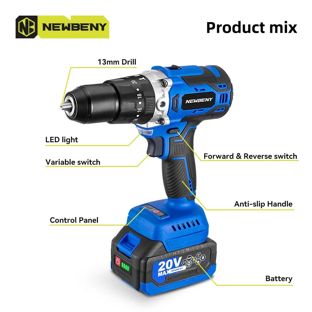 NEWBENY 500Nm 13MM Brushless Electric Drill 20+3 Torque Cordless Electric Screwdriver Power Tools For Makita 18v Battery