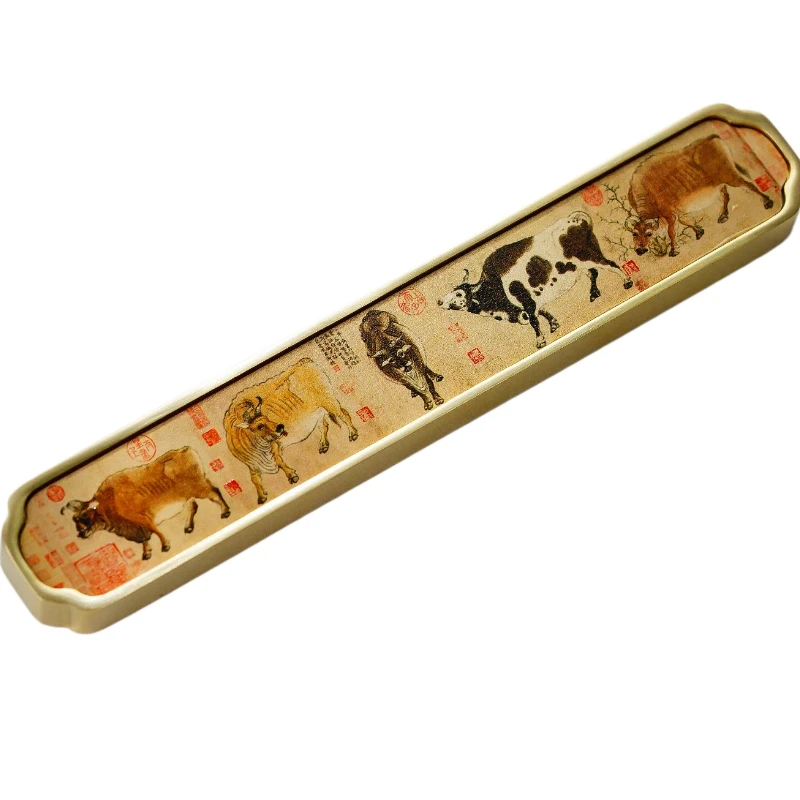 Brass Calligraphy Paperweight Brush Rest Five Oxen Pattern Book Press Bar For Vintage Study Desk Ornament Calligraphy Stationery