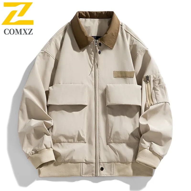 

COMXZ Роскошная мужская куртка с отложным воротником, ветрозащитное пальто для путешествий на открытом воздухе, модная легкая ветровка с большим карманом