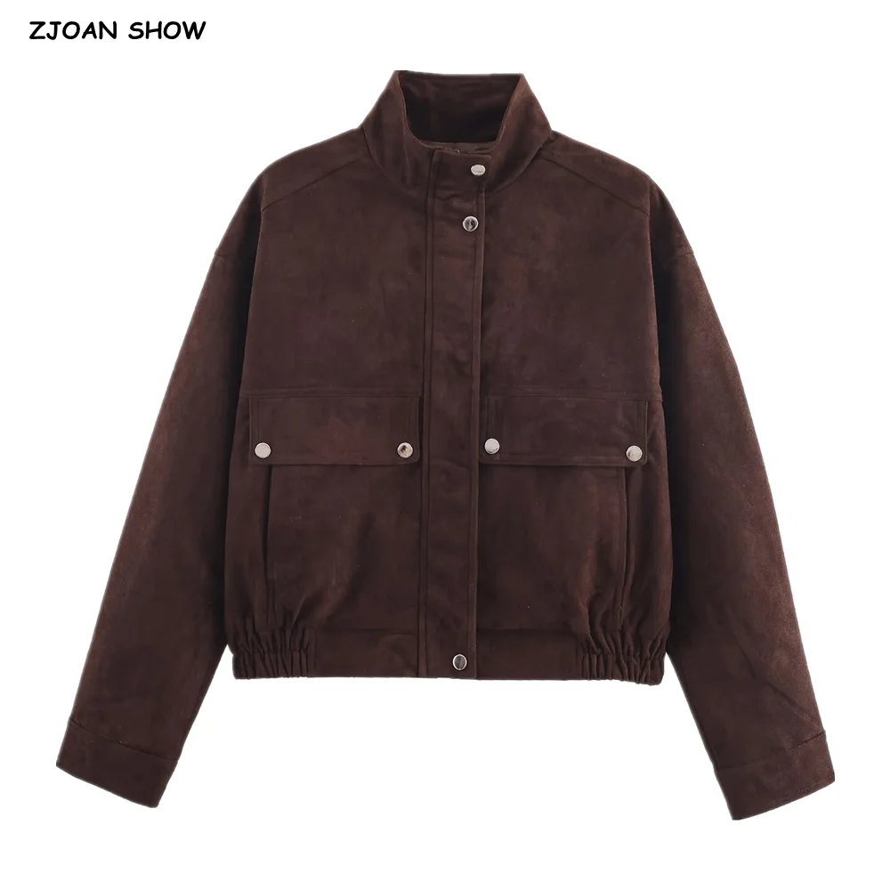 

Новинка 2025 года, винтажное женское замшевое пальто с воротником-стойкой на молнии и длинным рукавом, эластичный подол, куртка-бомбер, повседневная верхняя одежда