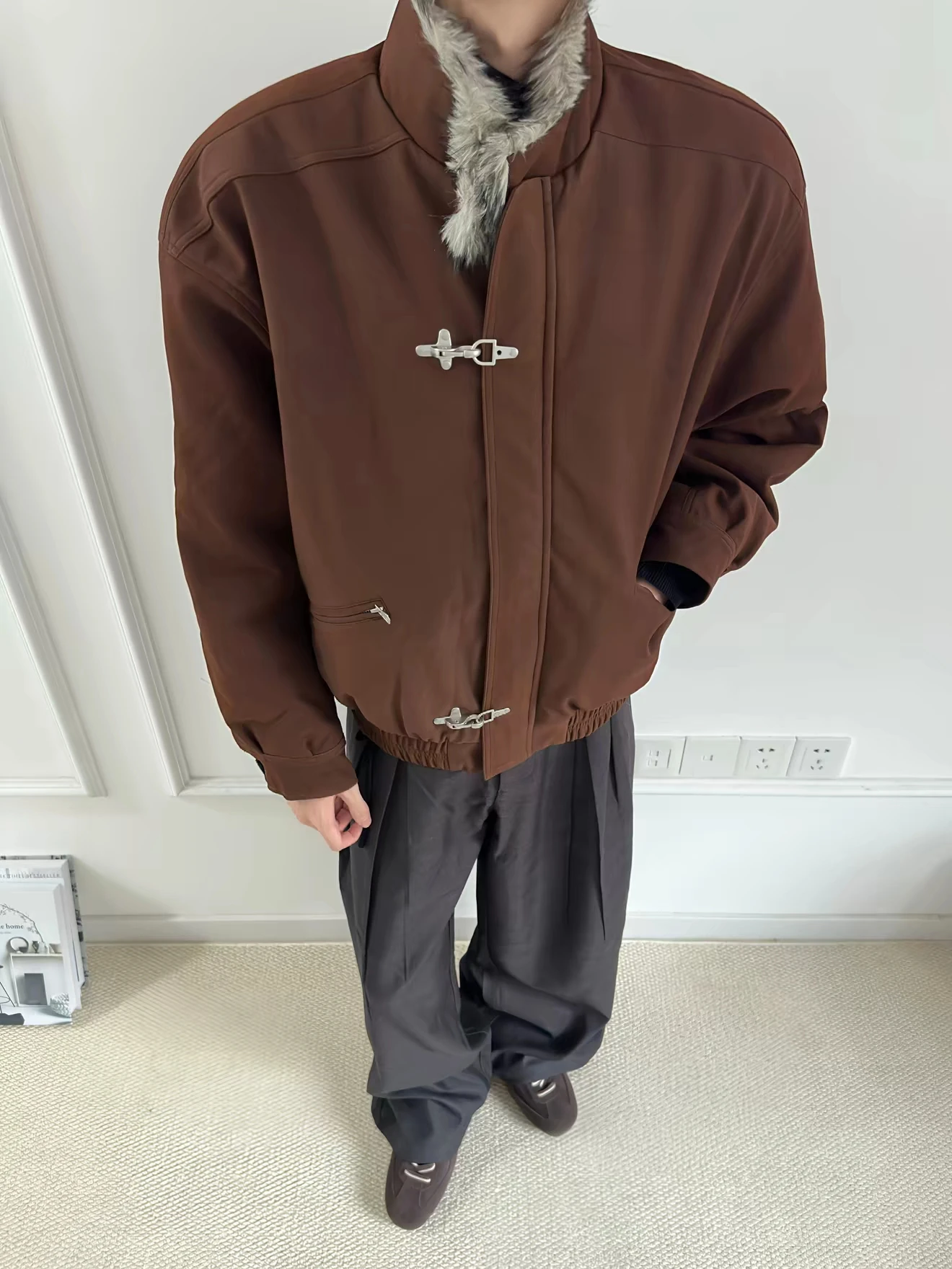 

American Retro Thiened Jaet Coat with Fur Collar Men Women Autumn Winter High Sensation Plane Bule Cleanfit Cotton Clothes