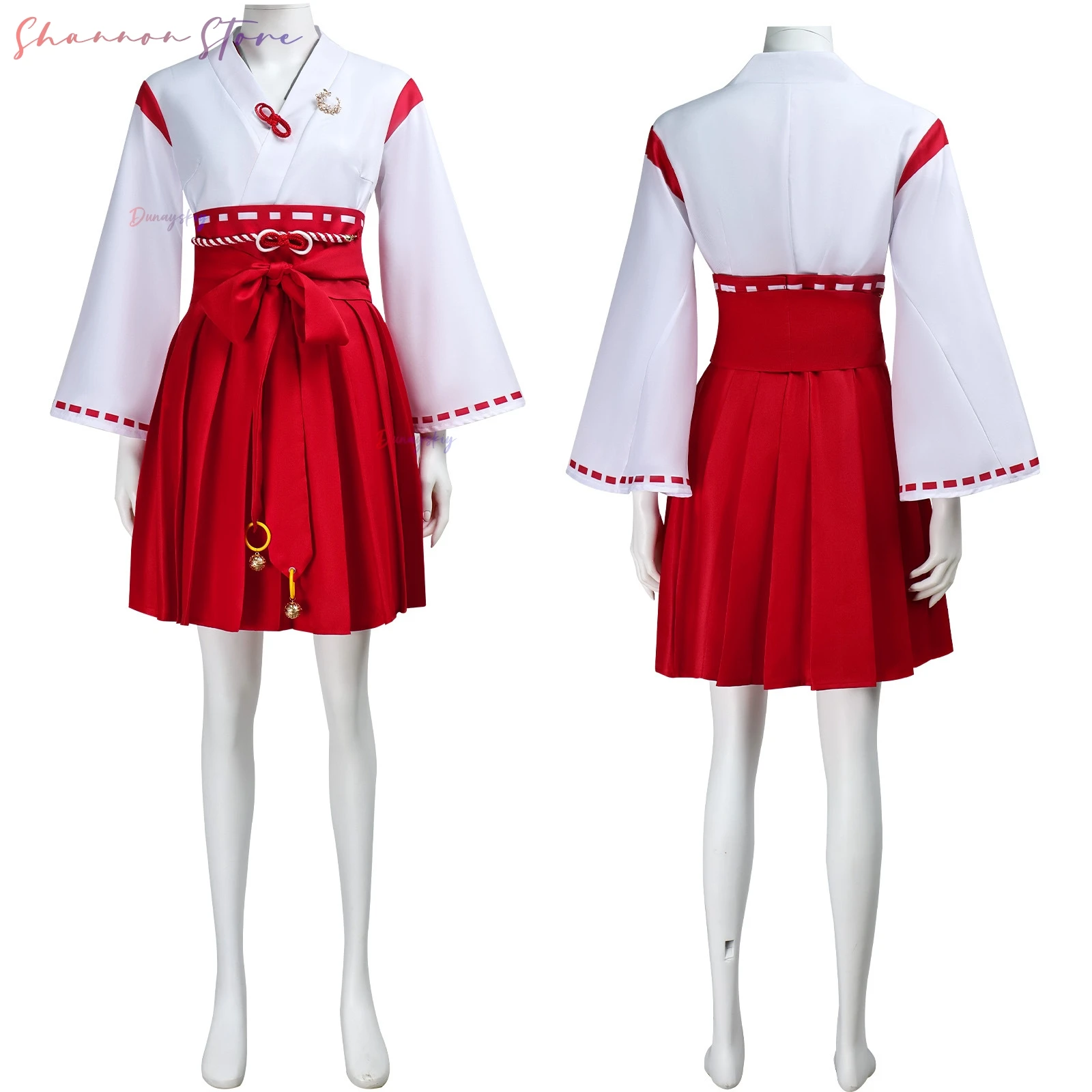 كوسبلاي سايلنت هيل كوسبروفе- فستان كيمونو ياباني أحمر-أبيض وحزام على شكل فيونكة وإكسسوارات جرس، رداء الهالوين ملابس الحفلات