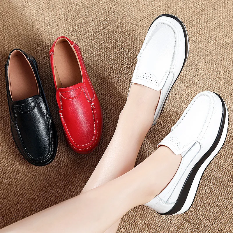 New Platform Flats Loafers for Women Autumn Thick Bottom Casual Leather Walking Sneakers Round Toe Wedge Shoes Zapatos De Mujer