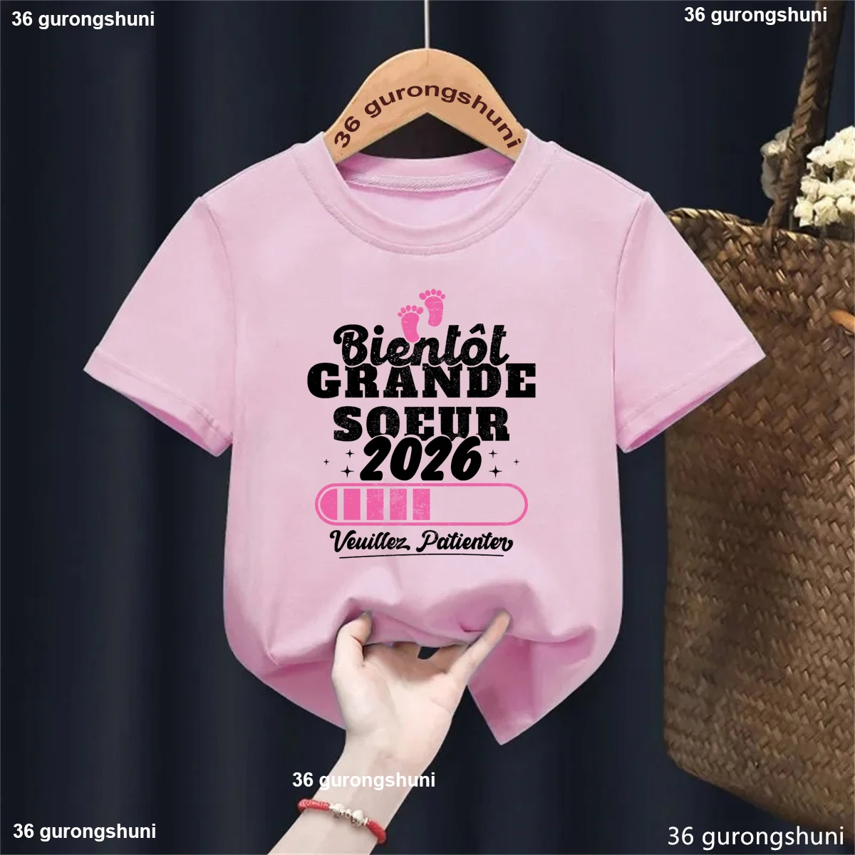 Future Grande Sœur 2026 por favor espere un momento, camiseta estampada para niñas, camiseta informal para niños, anuncio de embarazo, ropa para niños