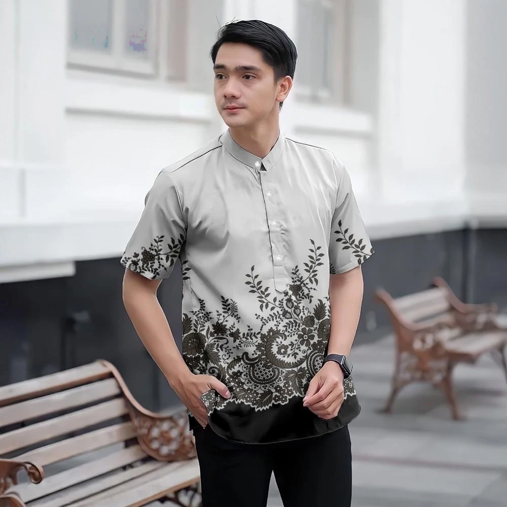 Camicia batik Slim Fit Modello stampato in 3D Colletto alla coreana Camicia formale da uomo a maniche corte Camicia superiore adatta per la festa del Ramadan Tema Raya