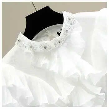 Těžká práce Flitry Korálky Diamanty Sladká halenka Trojrozměrné volánky Patchwork Košile s lucernou a stojáček Jednobarevný top 10 nejlepší prodej halenka s flitry - №1