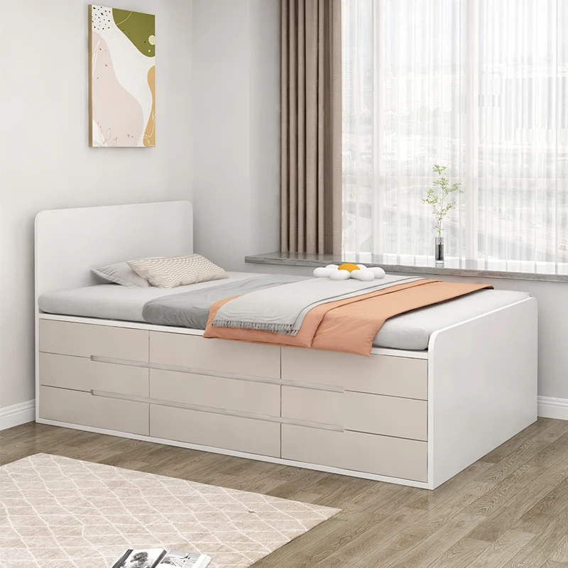 Solid wood storage bed, small apartment drawer, tatami rollover air pressure bed, space-saving half-height high box bed