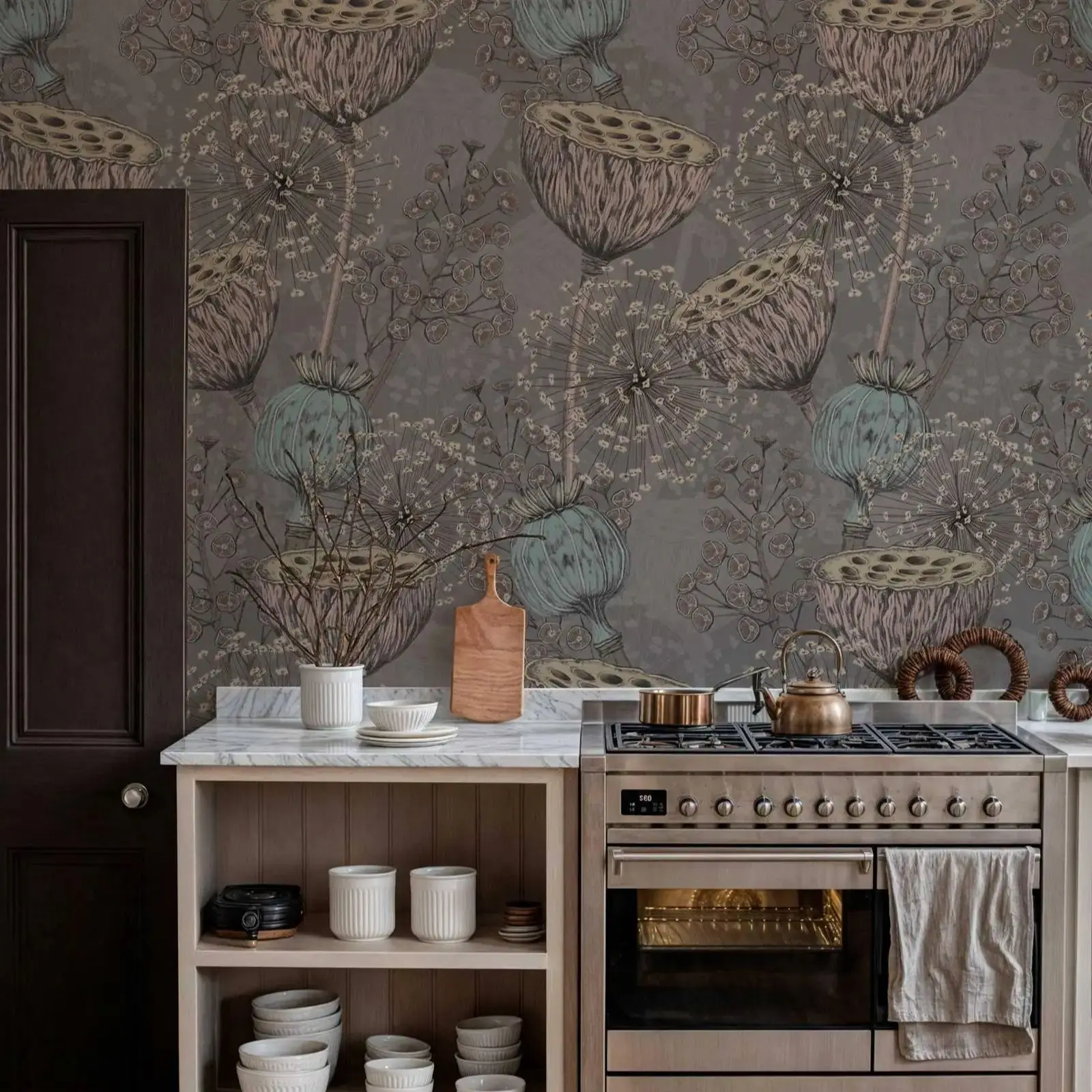 Dark Botanical Wallpaper Peel and Stick, Vintage Dry Flowers Wall Mural, Farmhouse Plants Wall Paper,Self-adhesive Or Tradition