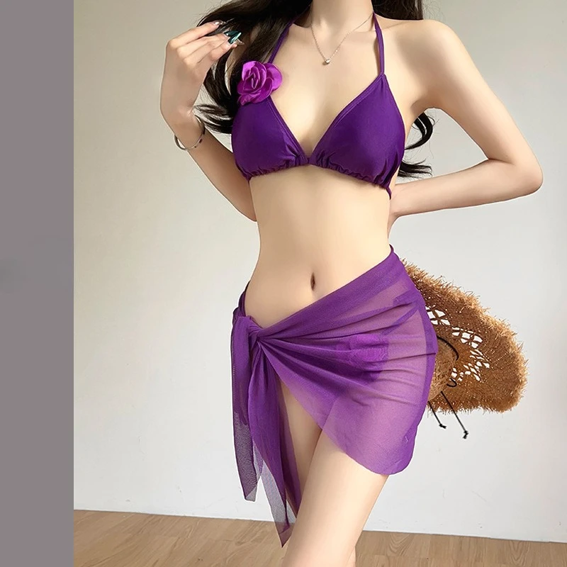 sexy 3d flower kpop bikinis sets three pieces plain swimsuits with cover skirt swimwear beach outfits sweet biquini tankini