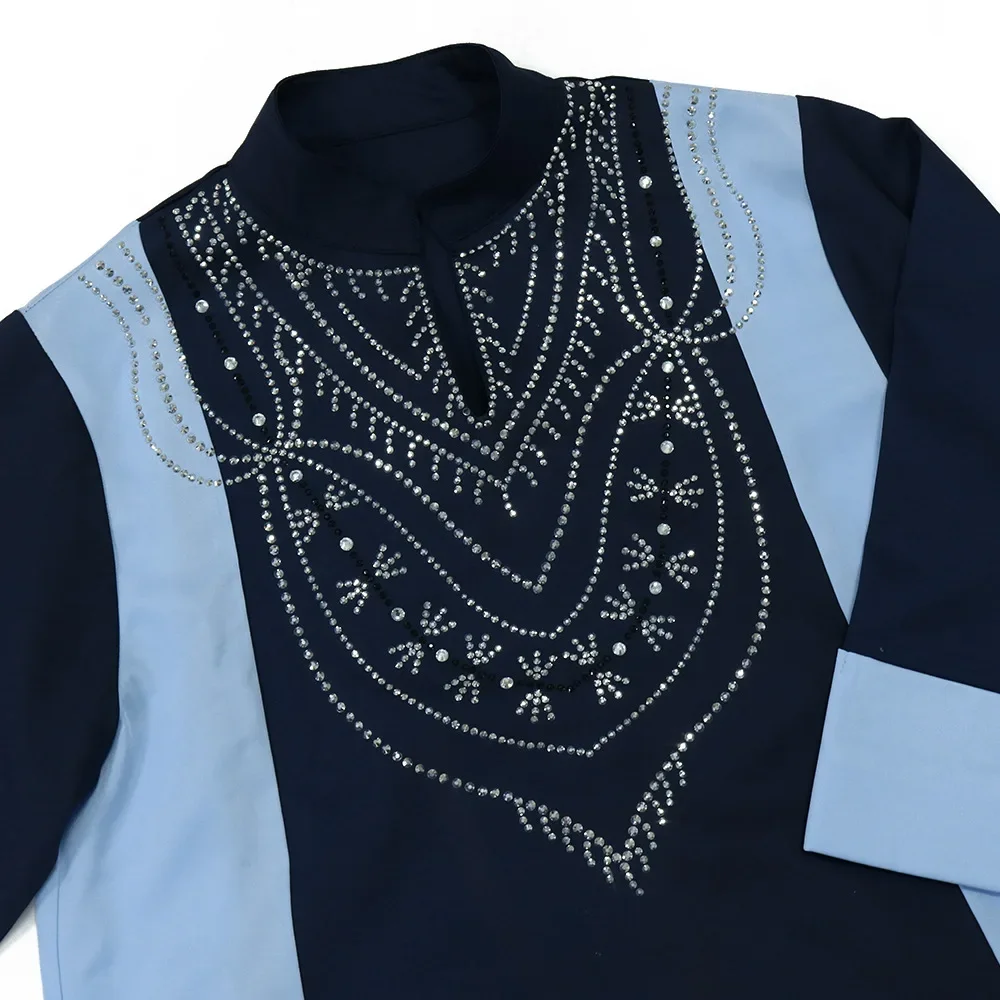 فستان UNI الماسي الإسلامي للنساء عباية زرقاء موضة عالية الوقوف بياقة ثوب عيد كم طويل ماكسي رداء الجلابة قفطان