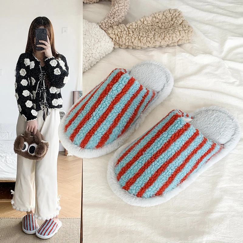 Winter Women mixed color Striped Fluffy Fur Home Slippers Comfortable Non Slip Plush Slides Slip On Soft Sole Home Shoes Female