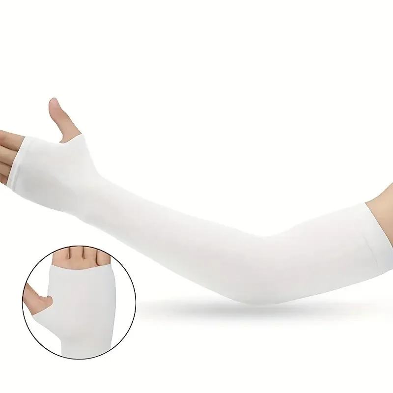 White Cooling Ice Silk Arm Sleeves - 16.5in/42cm UPF50+ UV Protection Fingerless Sleeves, Breathable & High Elastic - Image 4