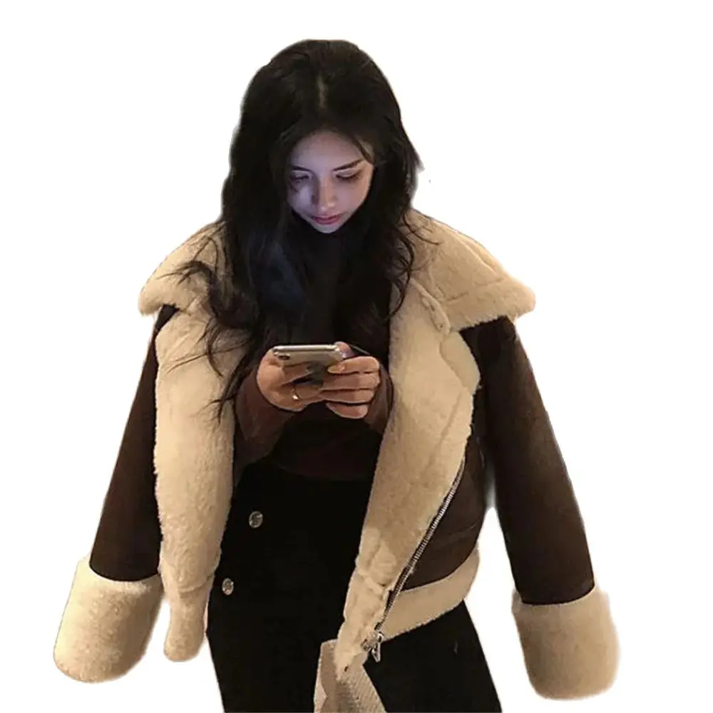 Women's Fur Integrated Jackets Lambswool Lapel Zipper Pocket Brown Fleece Coat Female 2024 Winter Thickened Warm Lady Outwear