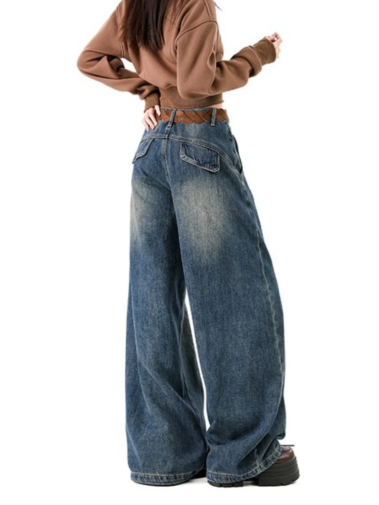 الأمريكية الرجعية أفخم منحني سكين السراويل الخريف الشتاء جديد فضفاض التخسيس المرأة الجينز كسول مستقيم الساق واسعة الساق سراويل جينز #3