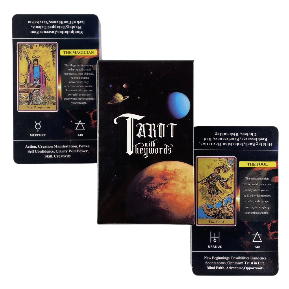 Tarot z kartami słów kluczowych dla początkujących i rozumiejąc na nich znaczenia 78 Deck Oracle angielskie wydanie wróżenia Borad