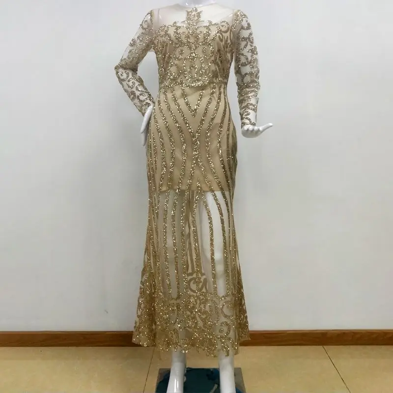 Luxury Women Golden Sequined Prom Dress Classic Long Sleeves Bodycon Party Dress Elegant Mermaid Formal Occasion Evening Dress