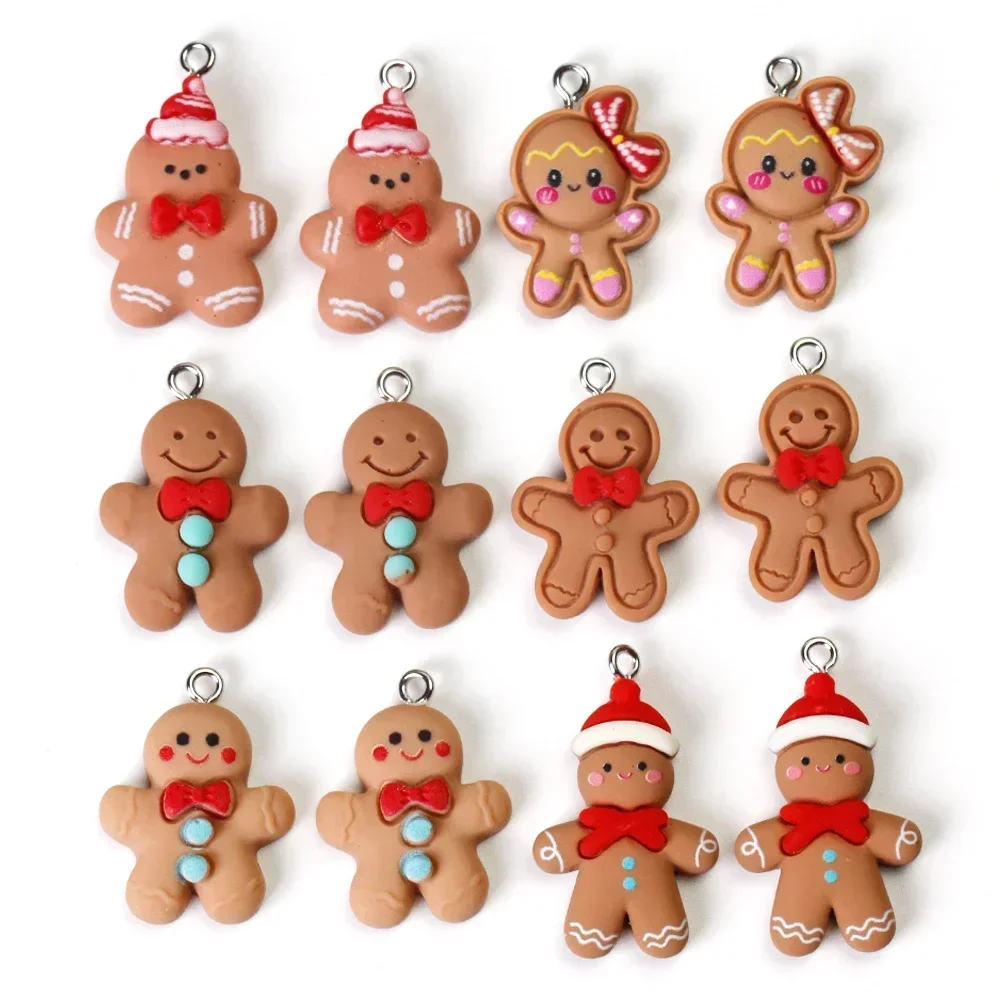 10pcs Christmas Gingerbread Man Biscuits Charms Resin Cookie Xmas Food Pendant for Earrings Bracelet Diy Jewelry Making Supplies