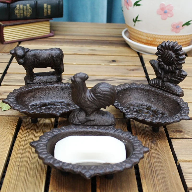 Cow Rooster Sunflower Cast Iron Soap Dish Farmhouse Heavy Duty Drainable Kitchen Soap Holder Bathroom Decorative Accesories