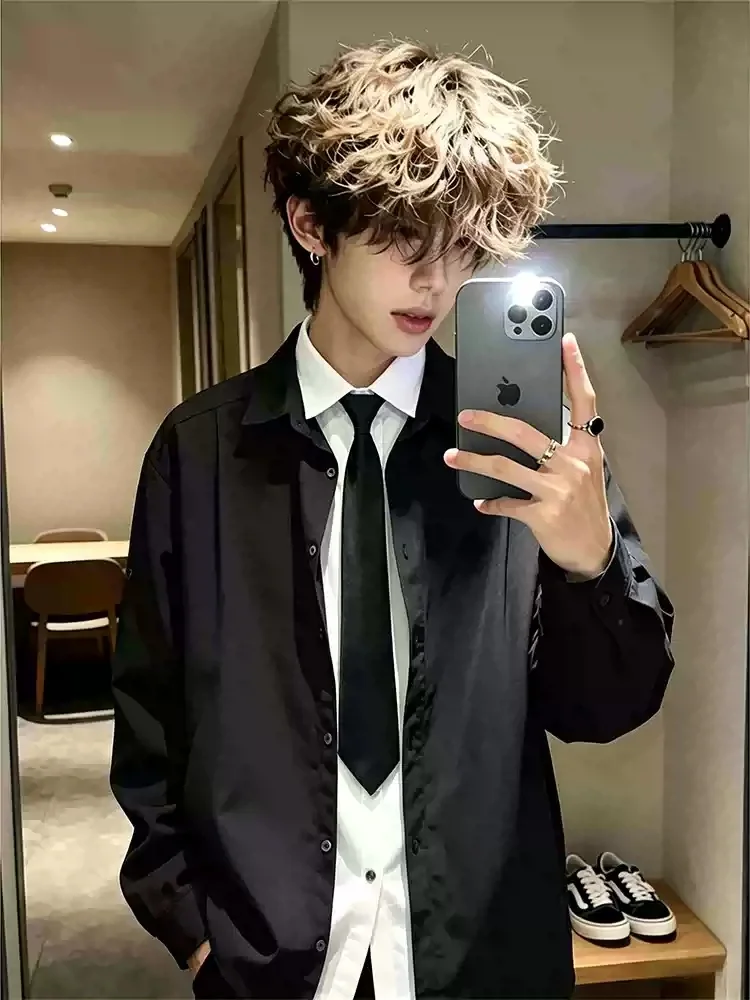 Men's College Style Long Sleeve Shirt DK Tie Fake Two-Piece Early Autumn 2026 Design High-End Shirt Jacket Loose Fit Polyeste...