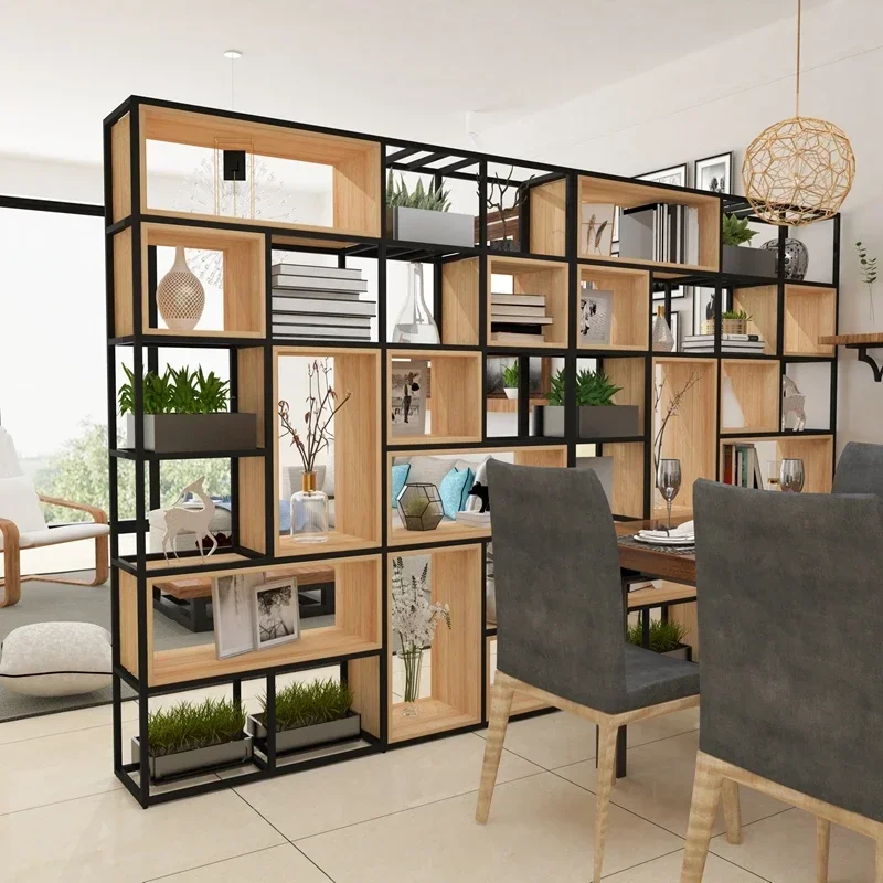 Simple floor partition, multi-layer storage and display rack, living room, steel and wood combination bookshelf