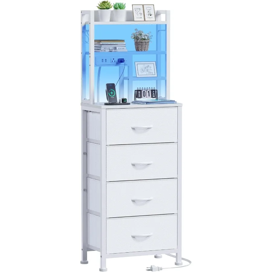 

Tall Night Stand 52.1 Inch LED Nightstand with Charging Station and USB Ports 4 PVC Fabric Drawers and 4 Tier Storage Shelf Bed