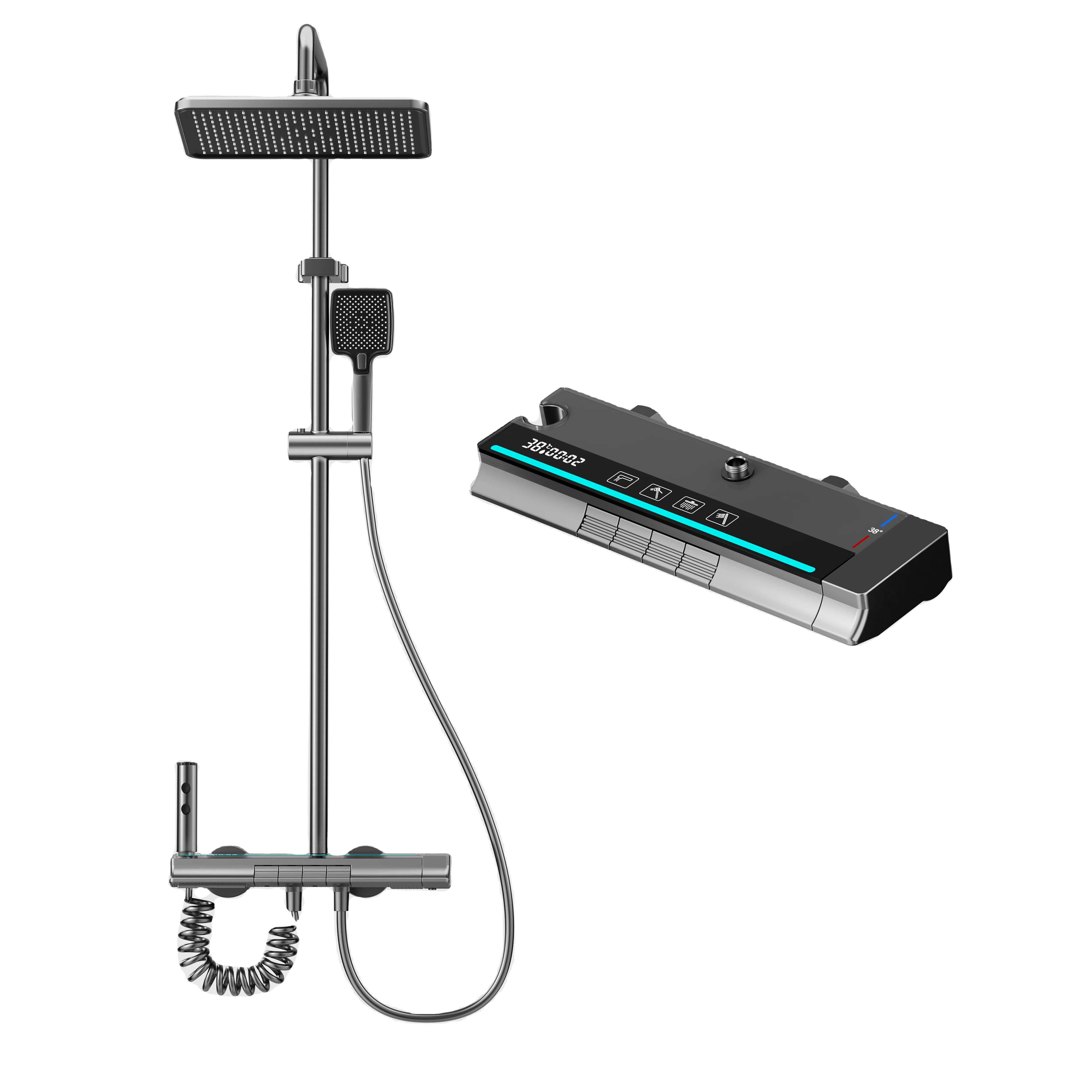 LED Light Rainfall Shower Heads Solid Aluminum Digital Display Piano Keys Shower Set System