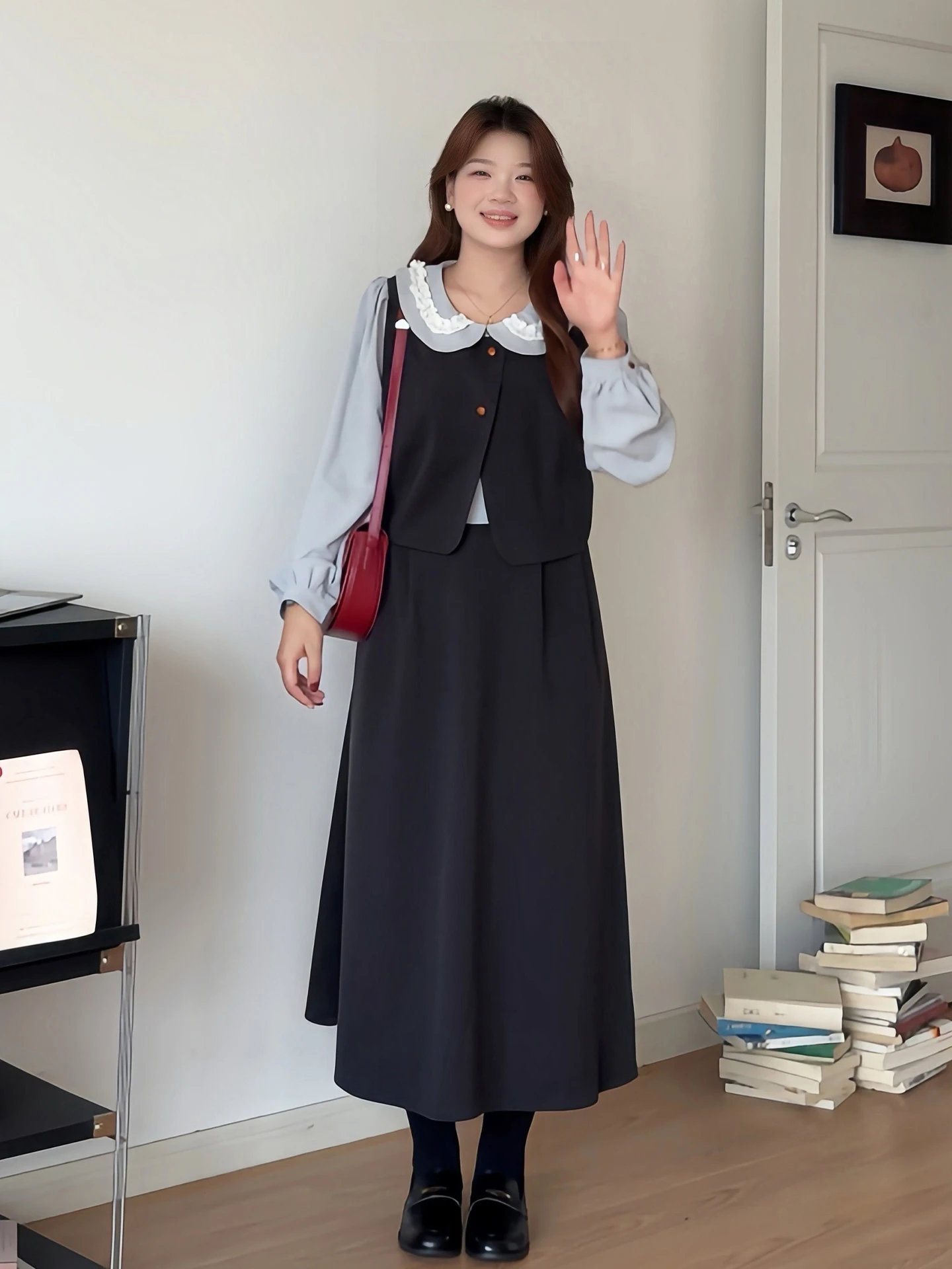 

Платье с кукольным воротником больших размеров для полных женщин, осеннее модное утягивающее платье трапециевидной формы с высокой талией, длинное свековое повседневное волокно из полиэстера