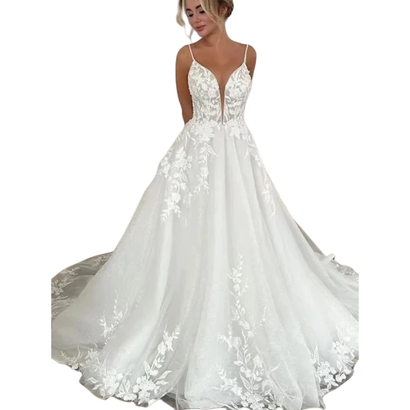 Robe de mariée de plage à bretelles Spaghetti, décolleté en v profond, robes de mariée de plage d'été, ligne a, Train Court personnalisé