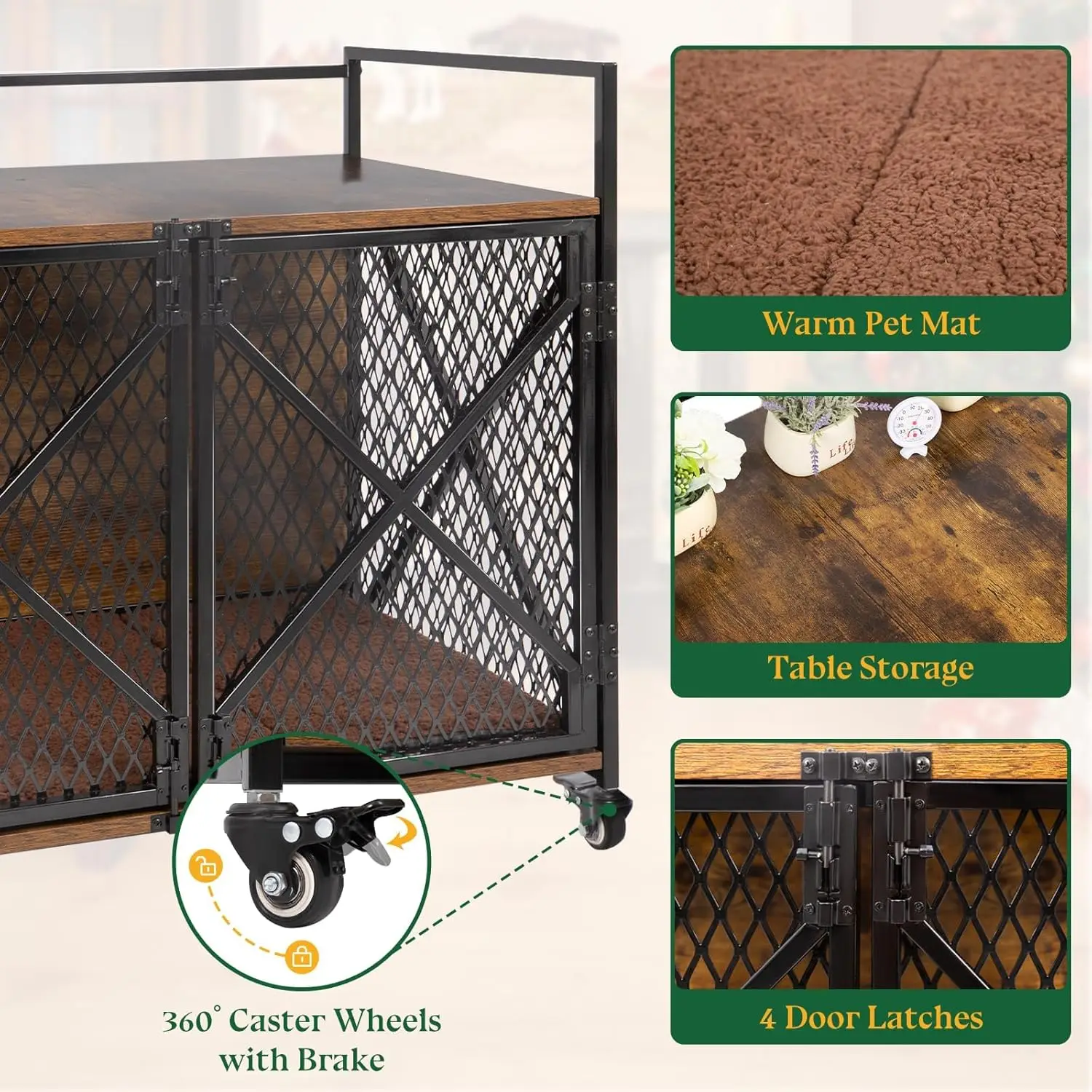 قفص كلب داخلي مقاس 41 بوصة على طراز الأثاث للكلاب الكبيرة والمتوسطة، قفص كلب داخلي خشبي عالي التحمل مع 4 عجلات قابلة للقفل