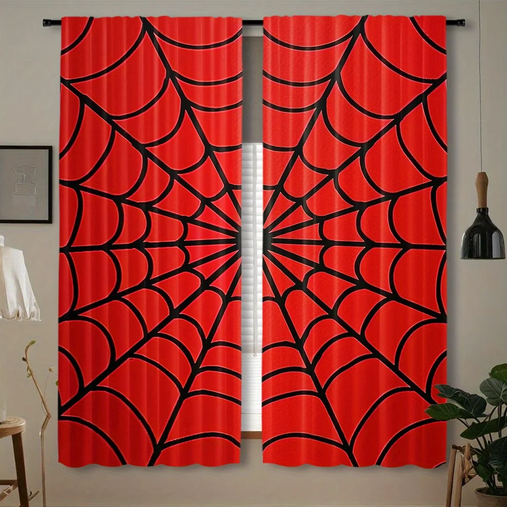 ستائر حمراء على شكل شبكة عنكبوت سوداء مكونة من قطعتين، ستائر نافذة جيب قضيب لغرفة النوم وغرفة المعيشة وديكور المنزل، طراز الهالوين القوطي #1