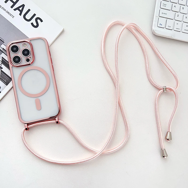 

Luxury Wireless Charge Lanyard Silicone Phone Case For iPhone 16 15 14 13 12 11 Pro Max Ultra-thin Plating Necklace Rope Cover