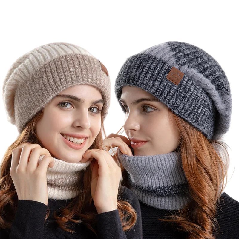 2pcs/ Set Women's Beannie Hat Plus Velvet Thickened Warm Knitted Stacking Pullover Hat With Ear Protection For Autumn And Winter