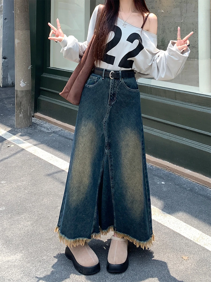 Retro Tassel Rough Edge Denim Skirt High Waist Loose A-line Long Skirts 2024 Early Autumn Fashion Versatile Casual Denim Skirt