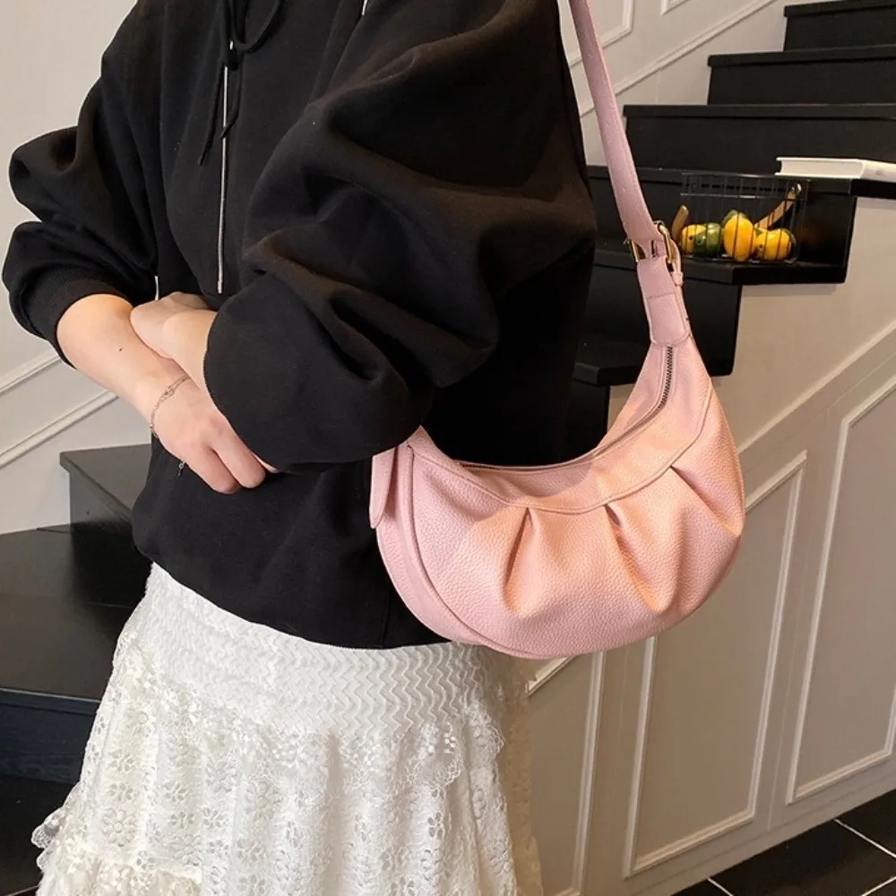 

Korean Style Pleated Crossbody Bag Lightweight Solid Color PU Dumpling Bag Soft Leather Handbag Underarm Shoulder Bag Travel
