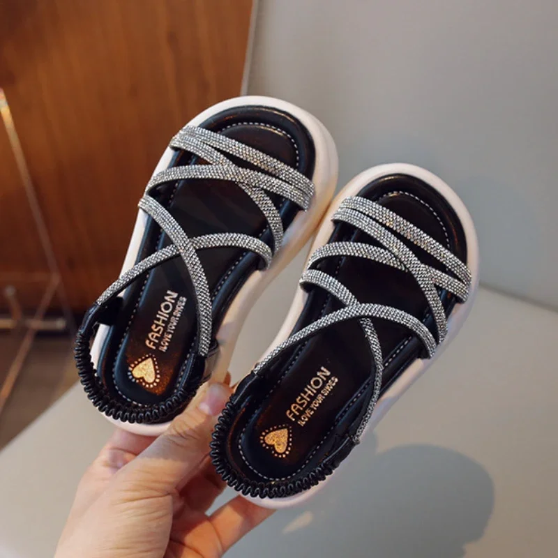 Summer New Children\'s Sandals Fashion Luxury Girls Rhinestone Strap Beach Shoes 2024 Kids Princess Thick Bottom Sandals Open-toe