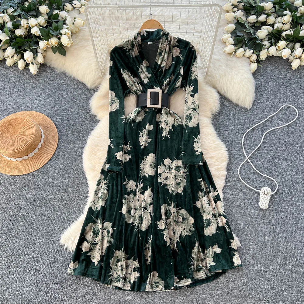 Sukienki damskie w kwiatowe wzory, sukienka w kształcie litery A z paskiem, długość do kostek, dekolt w serek, długi rękaw, szeroki dół, luźna, codzienna, elegancka, wiosna-jesień 2025