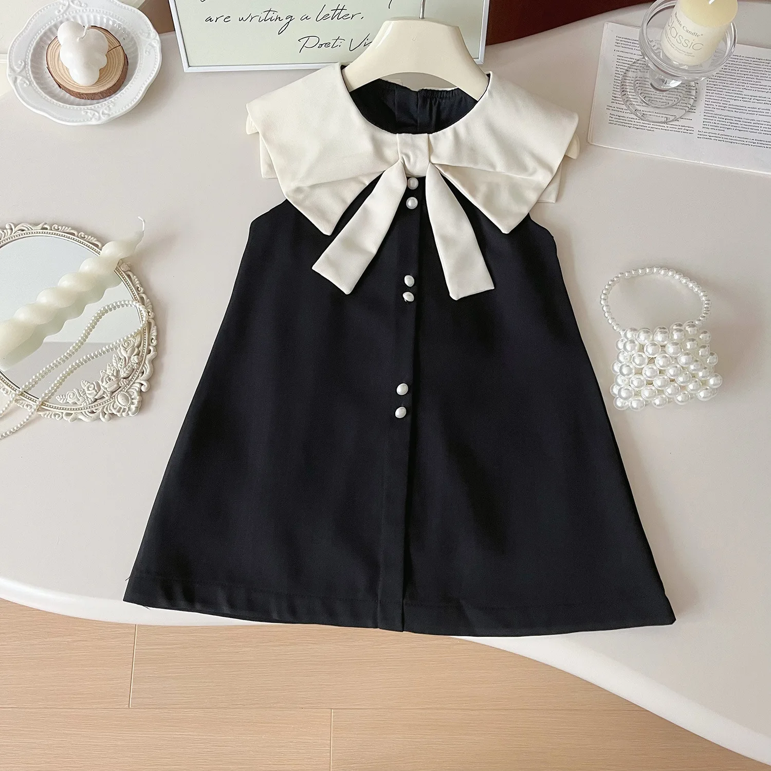 

Summer New Girls Dress Retro Patchwork Bow Doll Collar Sleeveless Princess Dress For 2-8 Years Girls Black Stylish Dress