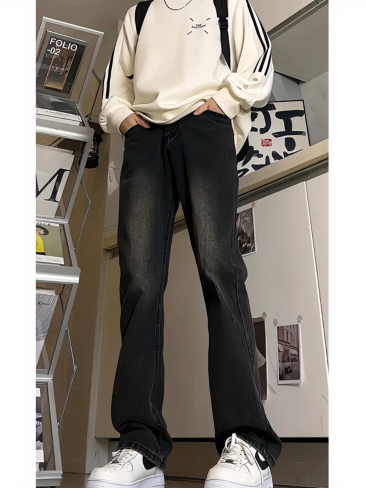 

American High Street Vibe Bla Jeans Men's Trendy Loose Waed Straight Leg Pants Spring Autumn Wide Leg Floor-Length Pants