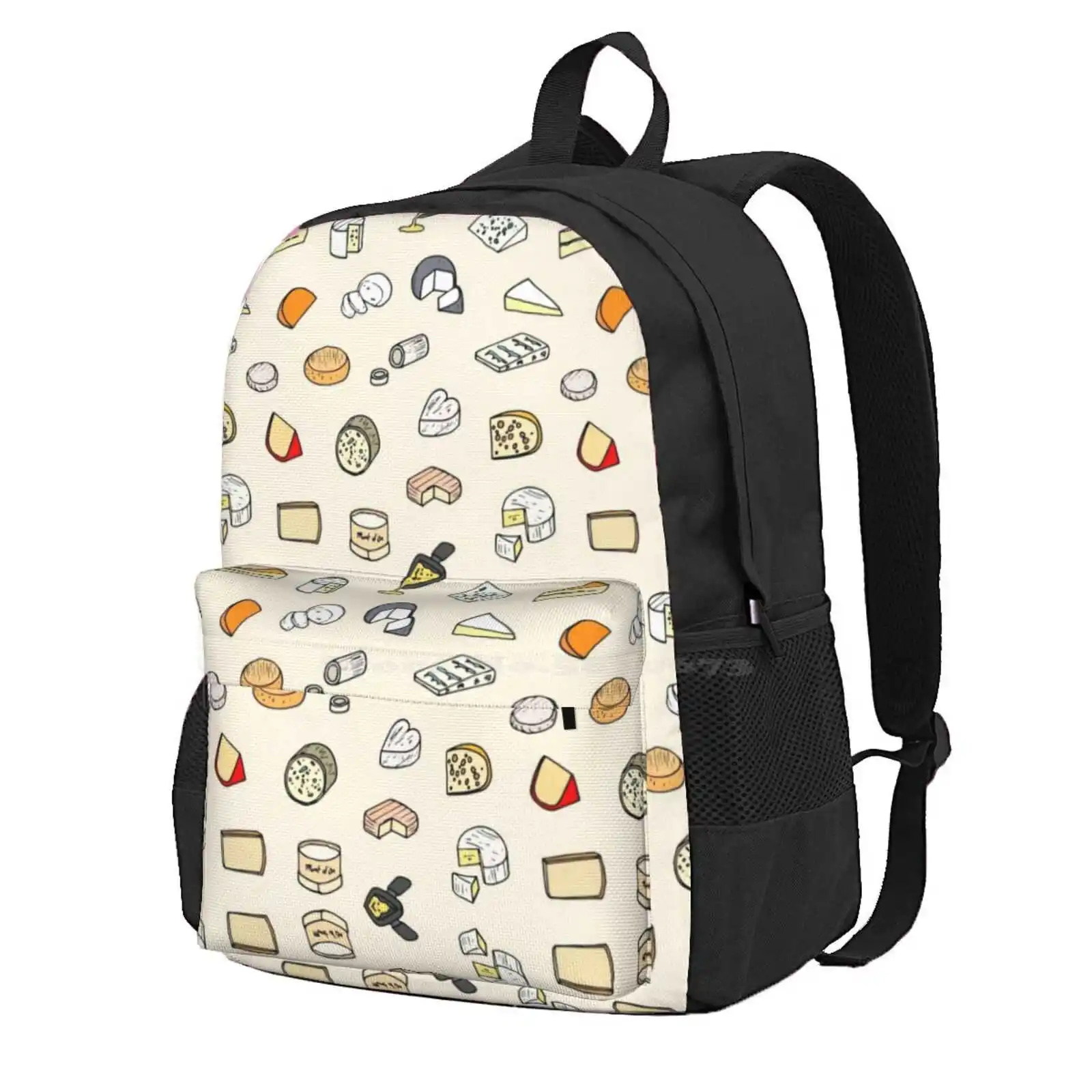 Mochila escolar con estampado de queso, bolsa a la moda con diseño de amor, crema de queso, Roquefort Emmental, escurridor dorado, gran oferta