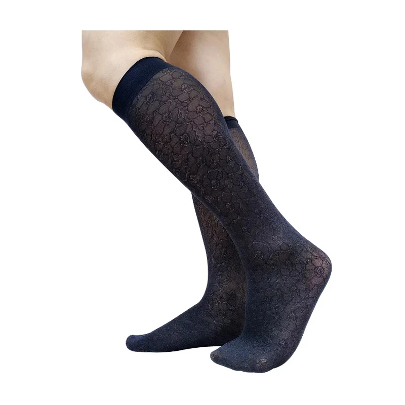 

Черные мужские носки выше икры с цветочным принтом, прозрачные мужские сексуальные чулки, нижнее белье, деловые длинные трубки, модные мягкие носки