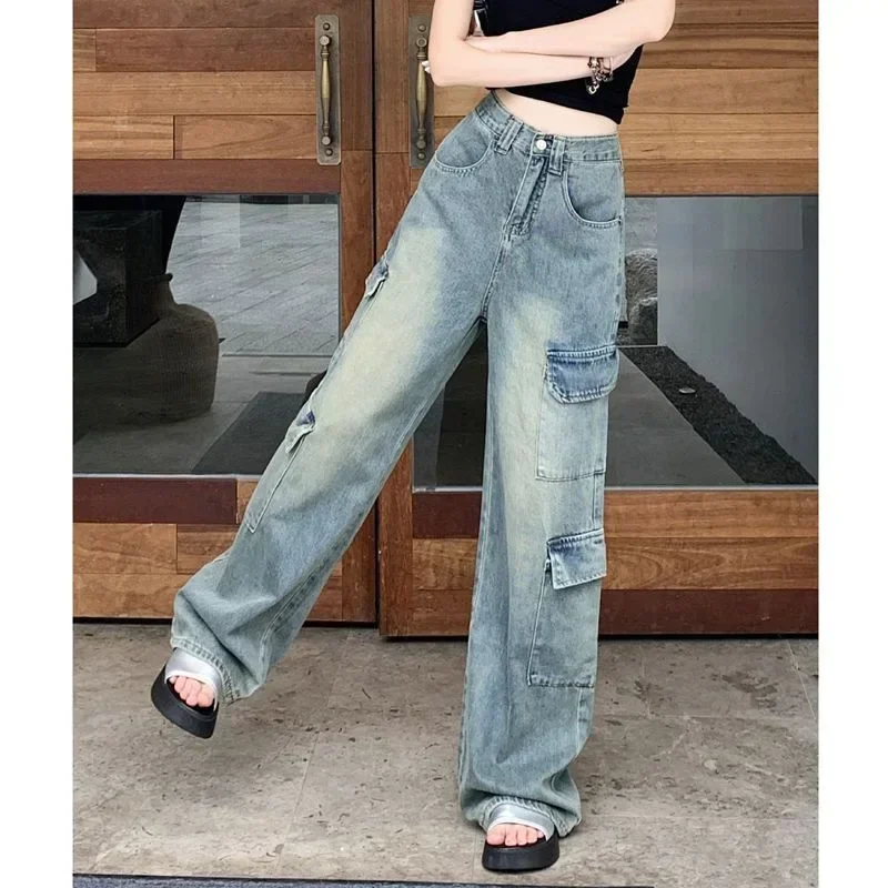 Women Vintage Jeans Wide Leg Pants High Waist Pockets Button Zipper Fly Basics Full Length Streetwear Denim Straight Trousers