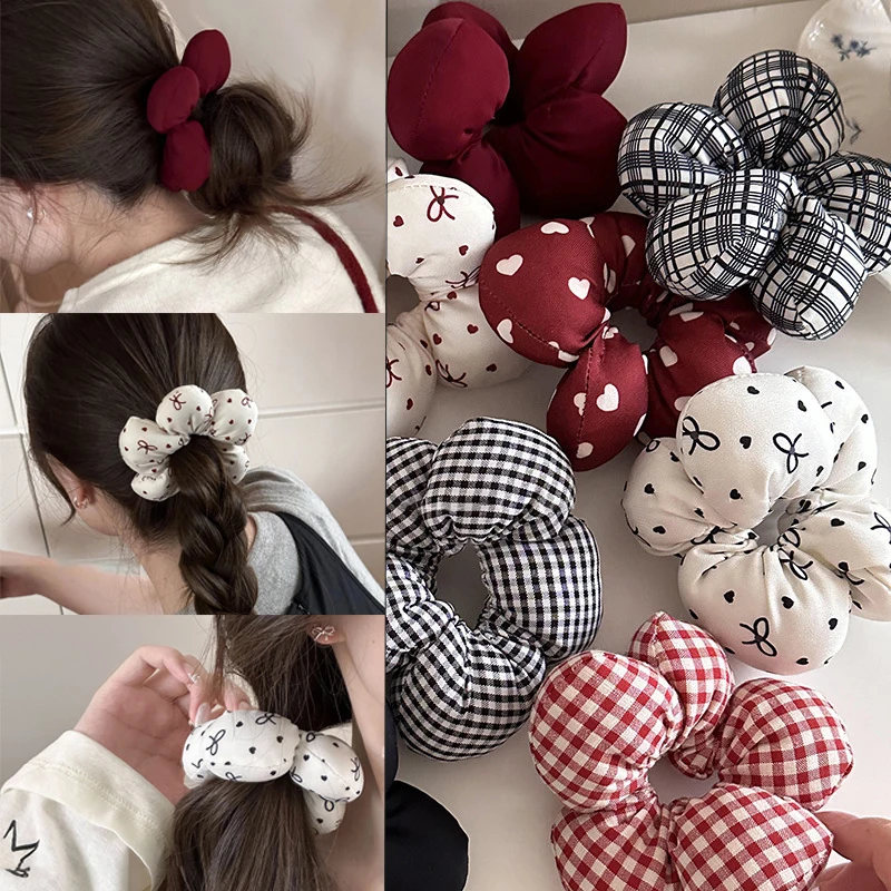 New Cotton Stuffed Cute Sun Flower Elastic Hair Band Love Bow Plaid Scrunchies Women Ponytail Bun Decorative Headdress