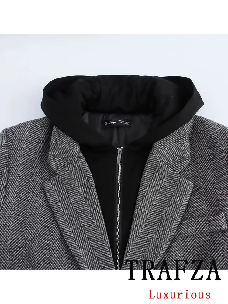 TRAFZA Vintage Office Lady Gray Suit Single Breasted Hooded Blazer Straight Pants New Fashion 2024 Autumn Winter Thick Sets