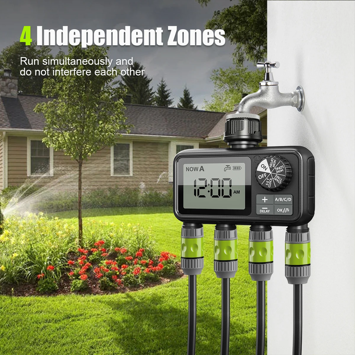 Programmateur d'arrosage numérique Eshico HCT-M09 4 zones avec connecteur rapide IPX5, automatique/manuel, retard de pluie, pour grandes surfaces