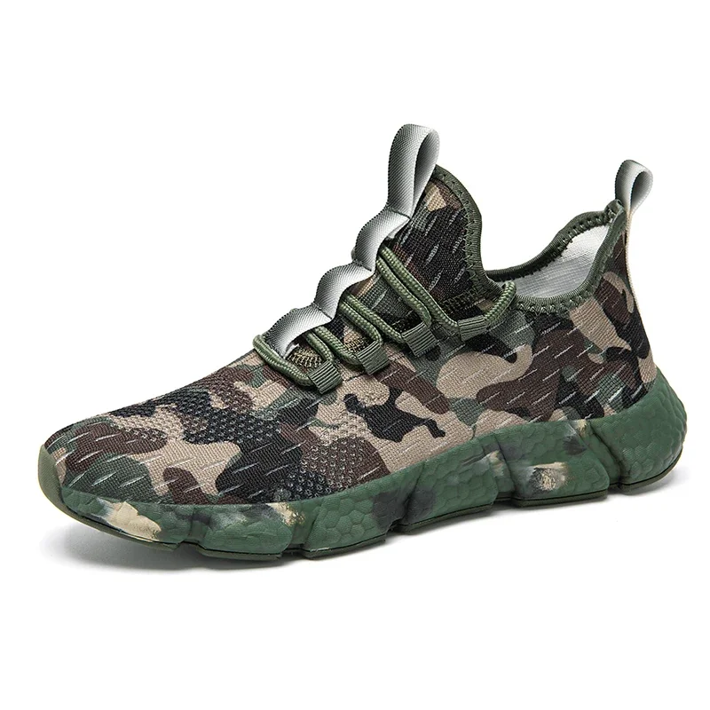 Army Green Camouflage Casual Shoes Women Men Sneakers Outdoor Low Top Sock Shoes Mesh Thick Soled Cushioning Size 36-46